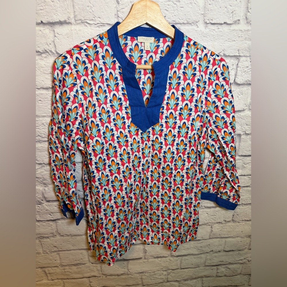 Talbots Blue Lightweight 100% Cotton Tunic Top Split V-Neck‎ small P Multicolor
